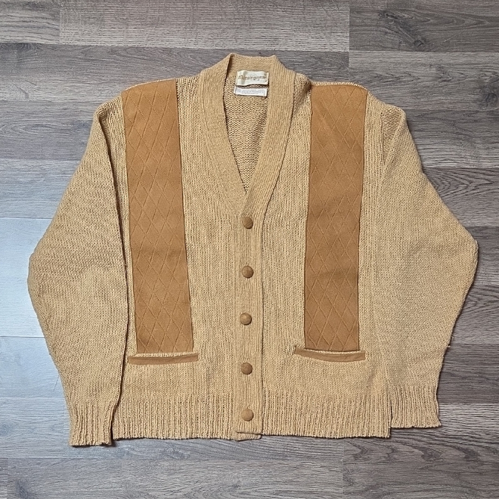 Musingwear Vintage 75% Shetland Wool Cardigan With Suede Front Size Medium